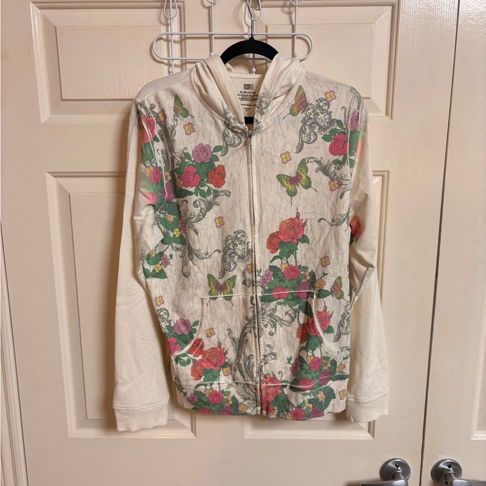 VTG Y2K Floral Butterfly Faded Glory Walmart Cotton Blend Zip Hoodie Ed Hardy
